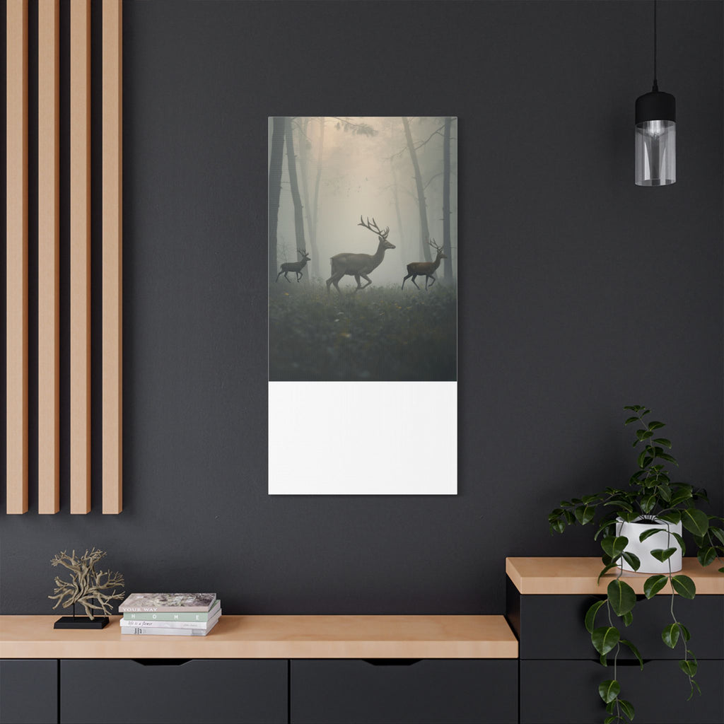 Deer Herd in Misty Forest Satin Canvas Stretched | Deer Wall Art