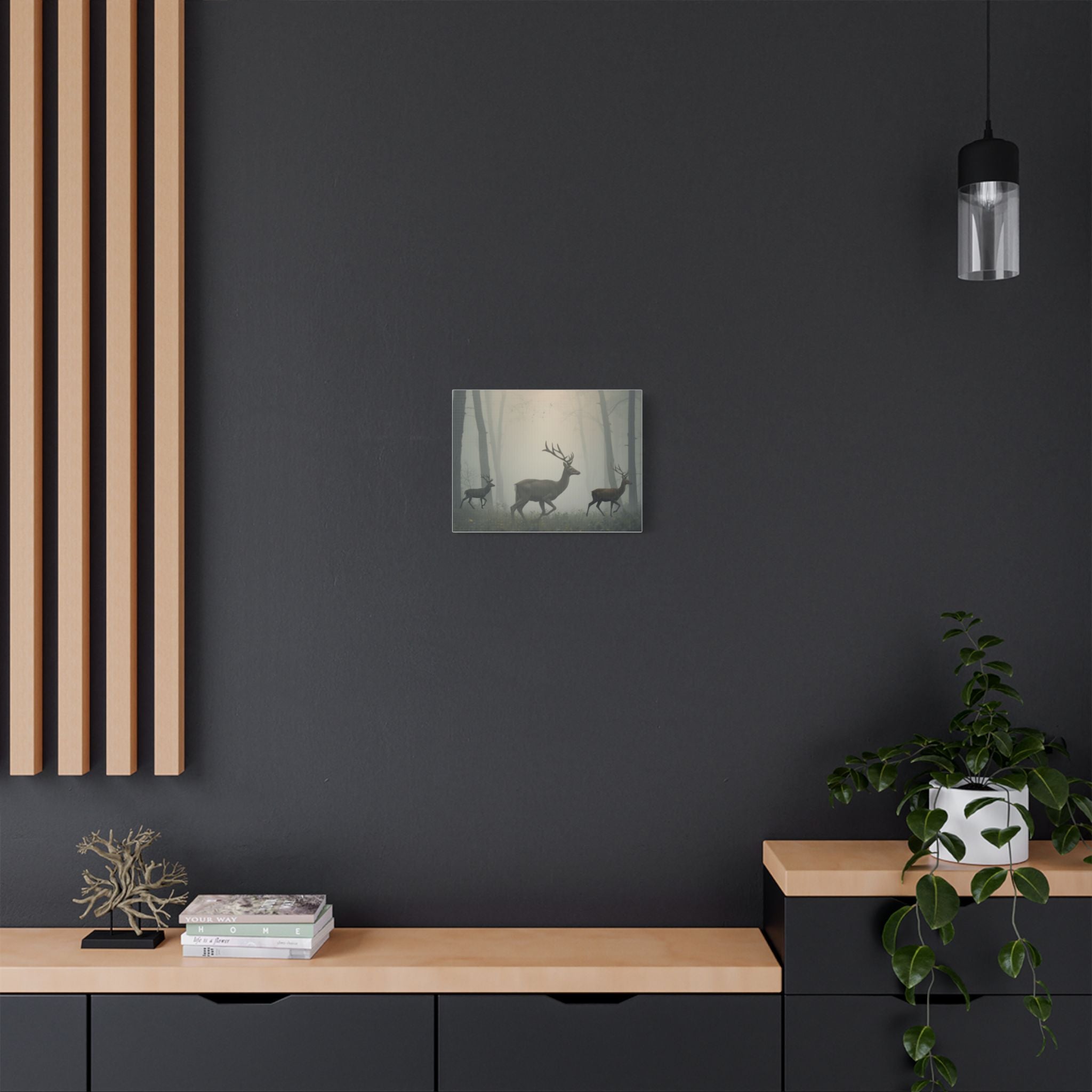 Deer Herd in Misty Forest Satin Canvas Stretched | Deer Wall Art