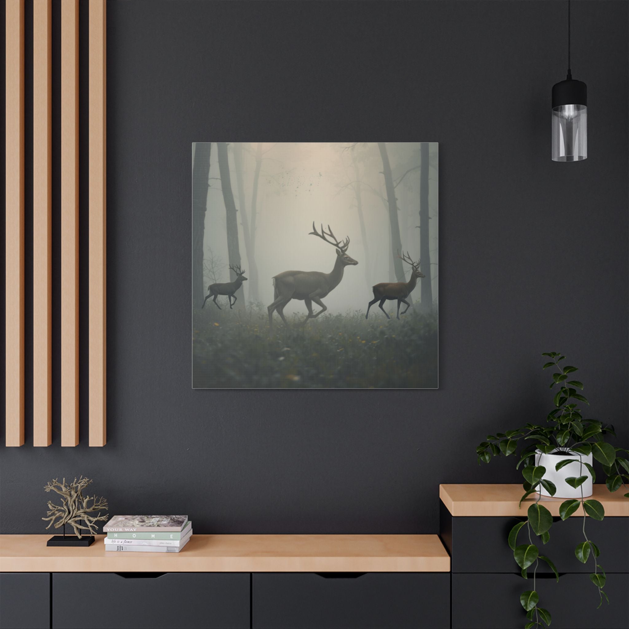Deer Herd in Misty Forest Satin Canvas Stretched | Deer Wall Art