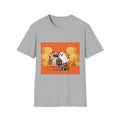Halloween Cat and Ghost Tee, Softstyle Unisex T-Shirt, Cute Halloween Shirt, Fall Apparel, Spooky Season Outfit, Trick or Treat Top
