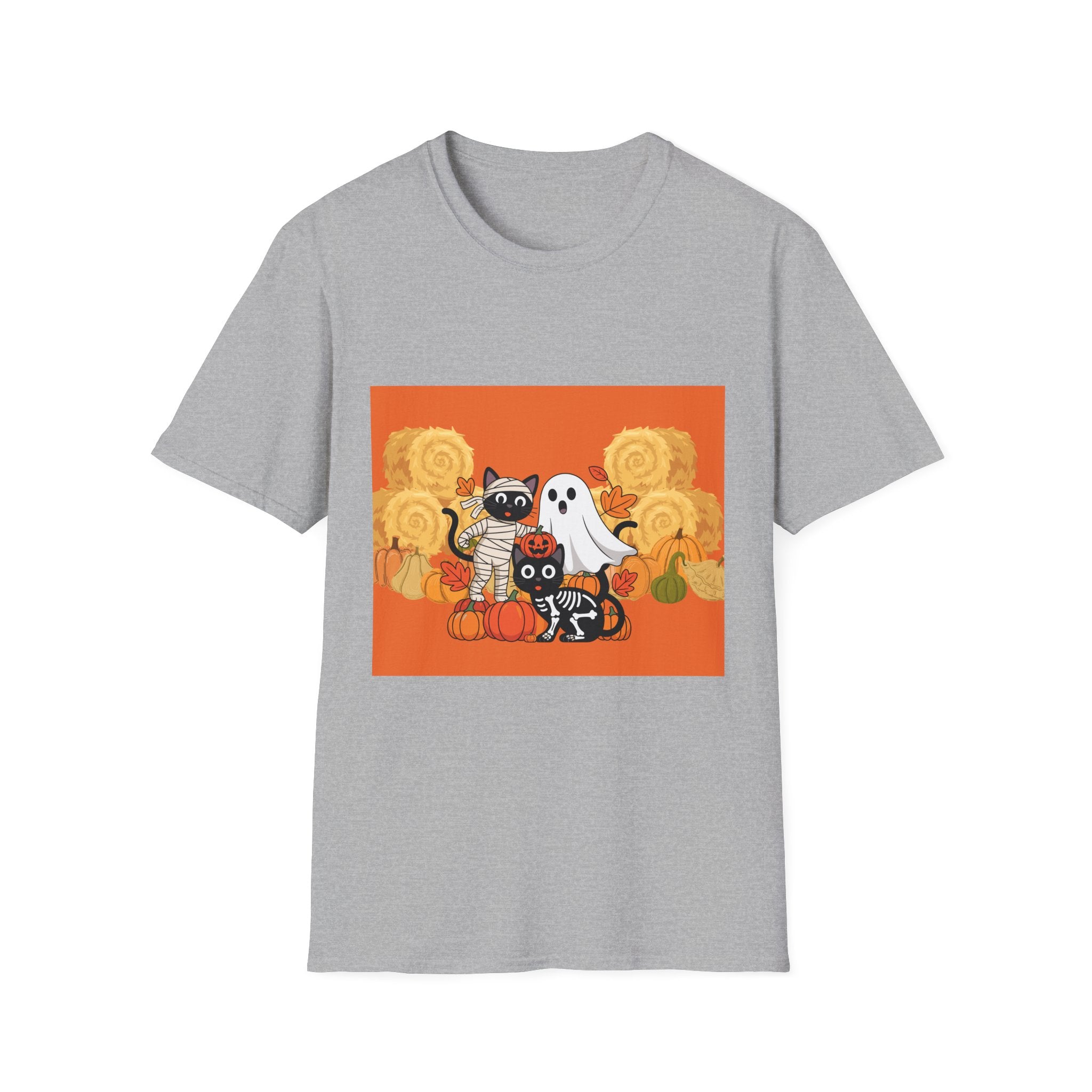 Halloween Cat and Ghost Tee, Softstyle Unisex T-Shirt, Cute Halloween Shirt, Fall Apparel, Spooky Season Outfit, Trick or Treat Top