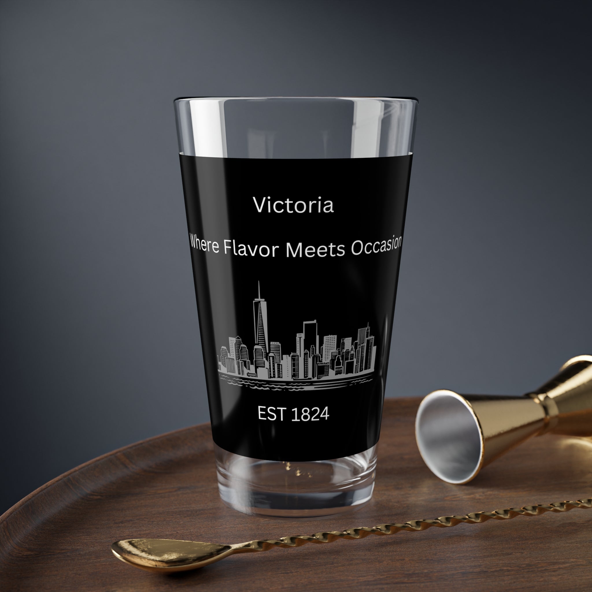 City Skyline Pint Glass, 16oz Mixing Glass with Custom Text