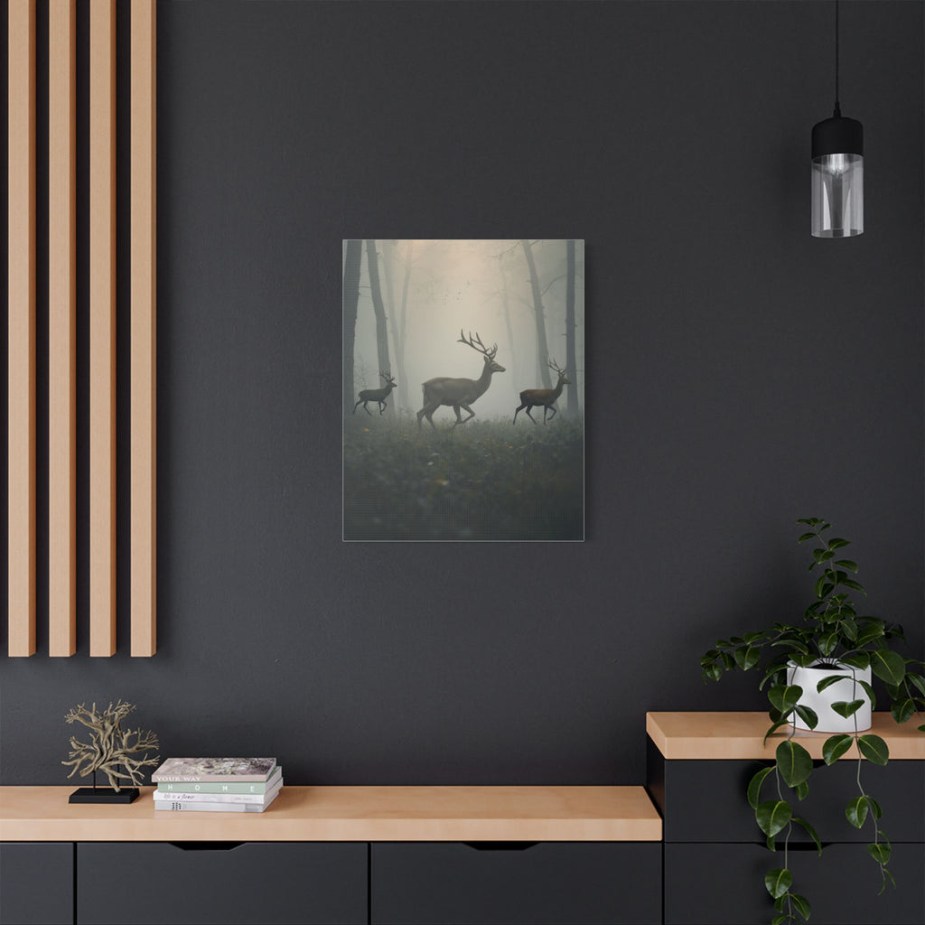 Deer Herd in Misty Forest Satin Canvas Stretched | Deer Wall Art
