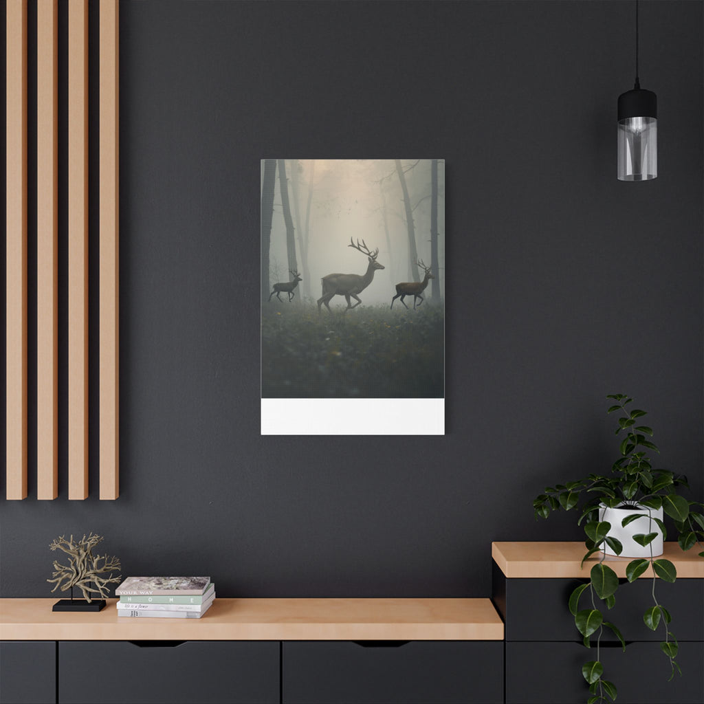 Deer Herd in Misty Forest Satin Canvas Stretched | Deer Wall Art