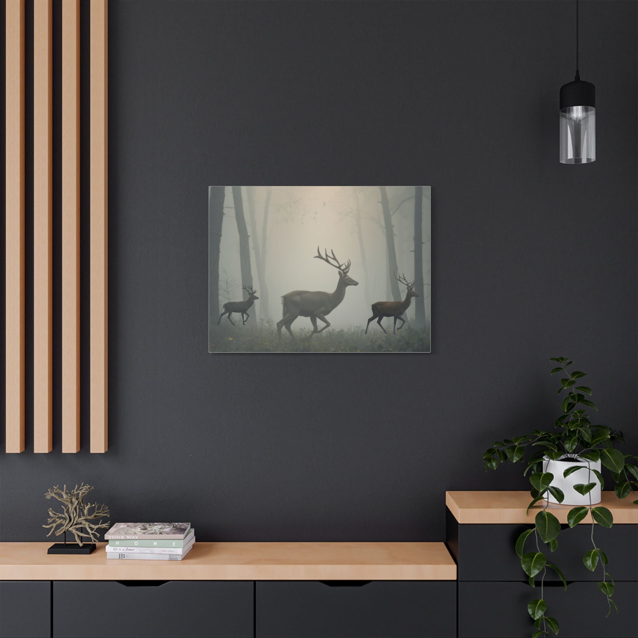Deer Herd in Misty Forest Satin Canvas Stretched | Deer Wall Art