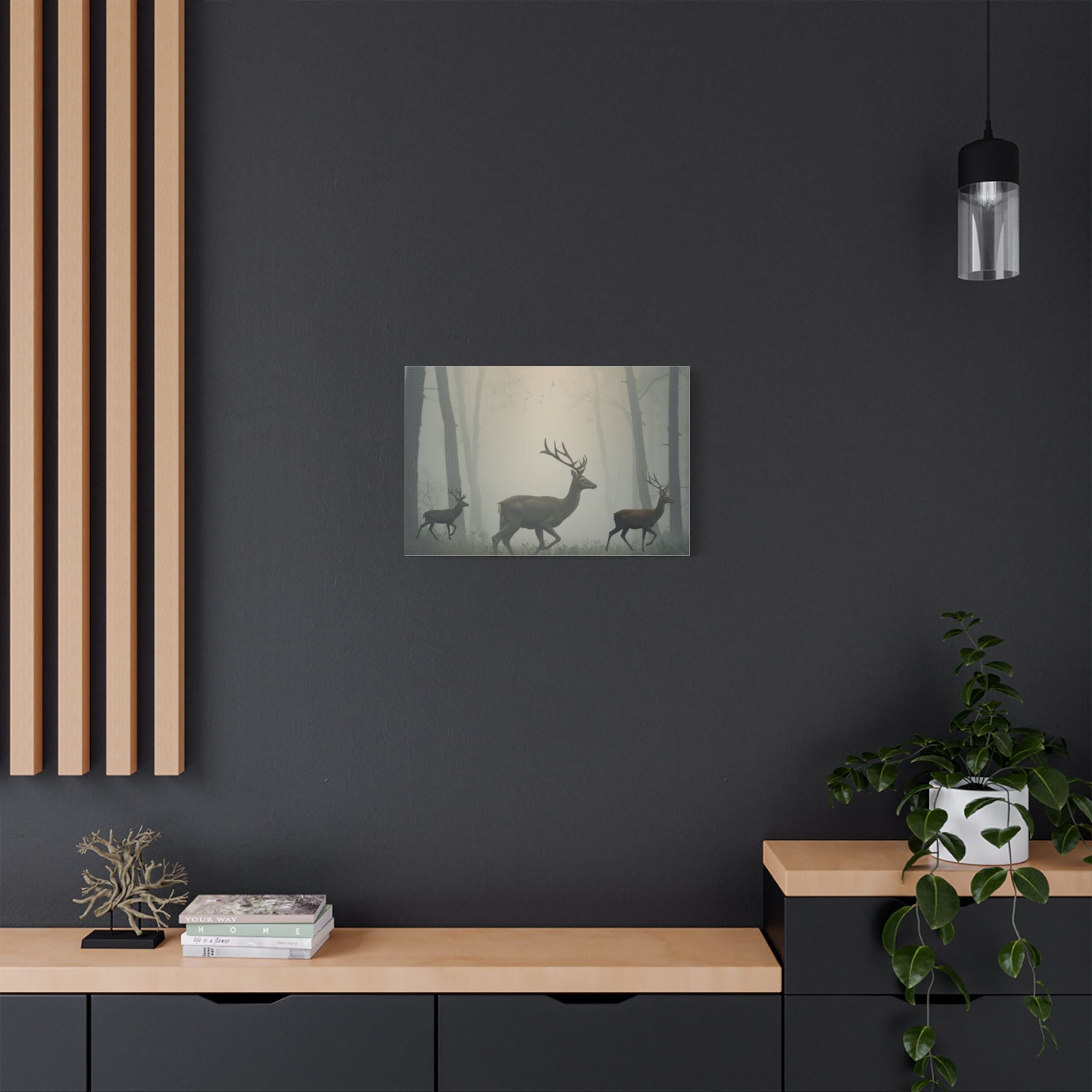 Deer Herd in Misty Forest Satin Canvas Stretched | Deer Wall Art