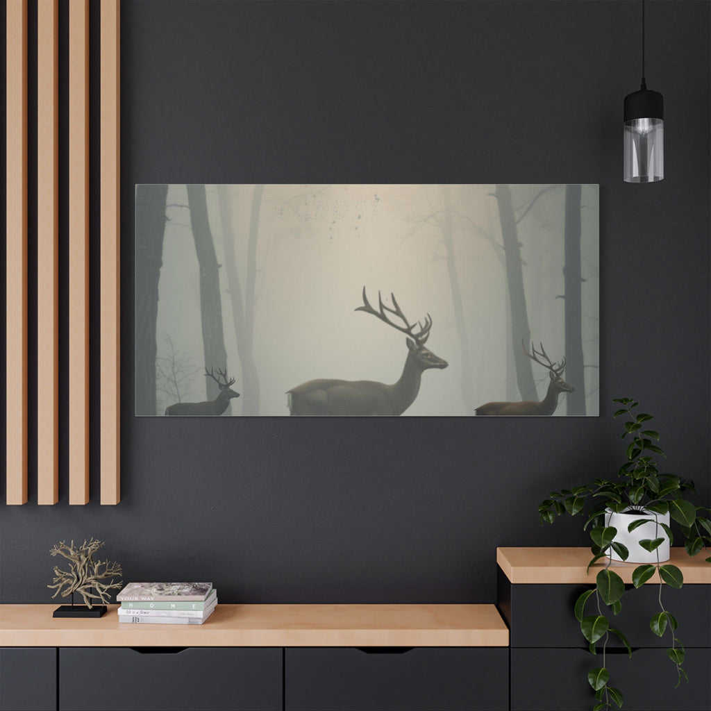 Deer Herd in Misty Forest Satin Canvas Stretched | Deer Wall Art