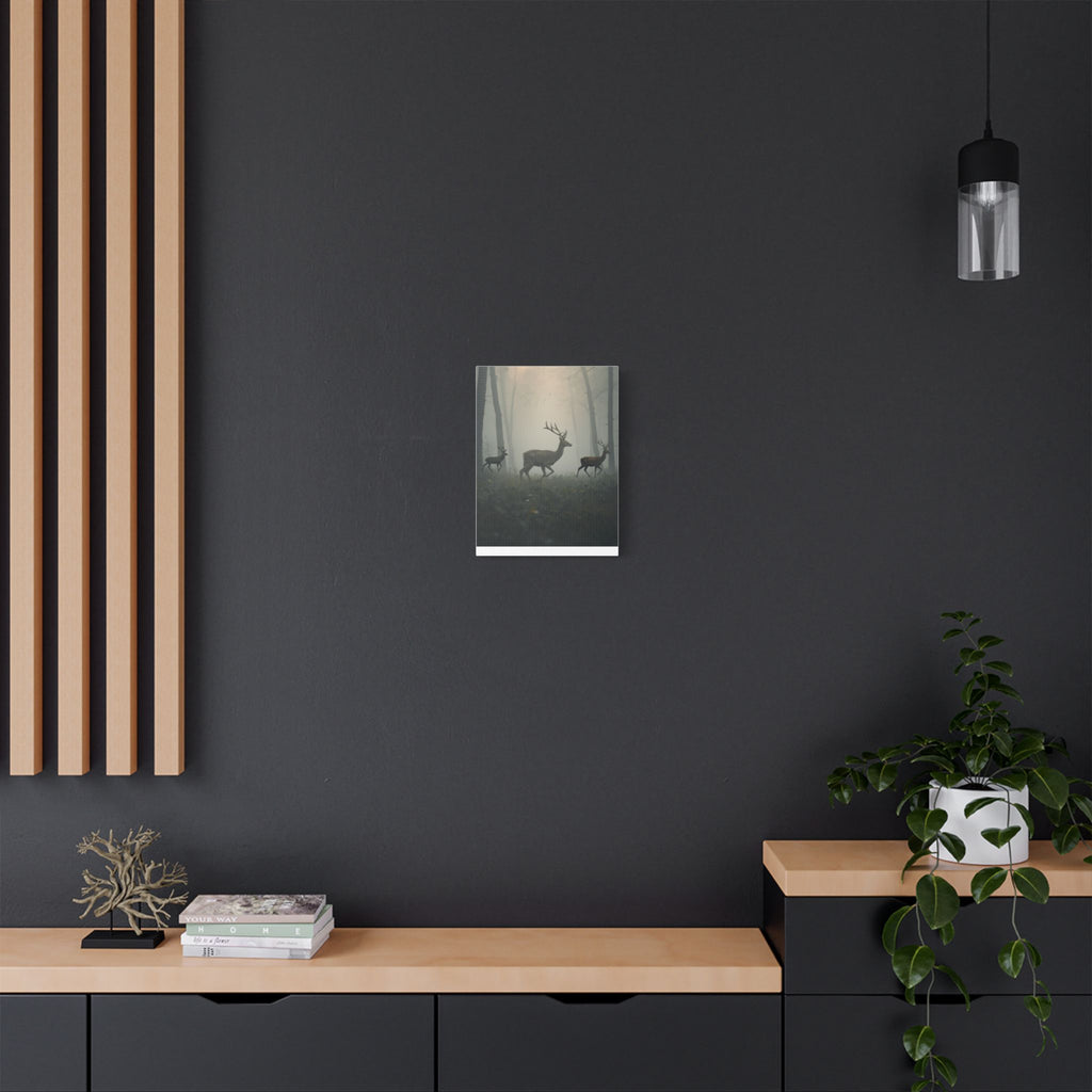 Deer Herd in Misty Forest Satin Canvas Stretched | Deer Wall Art