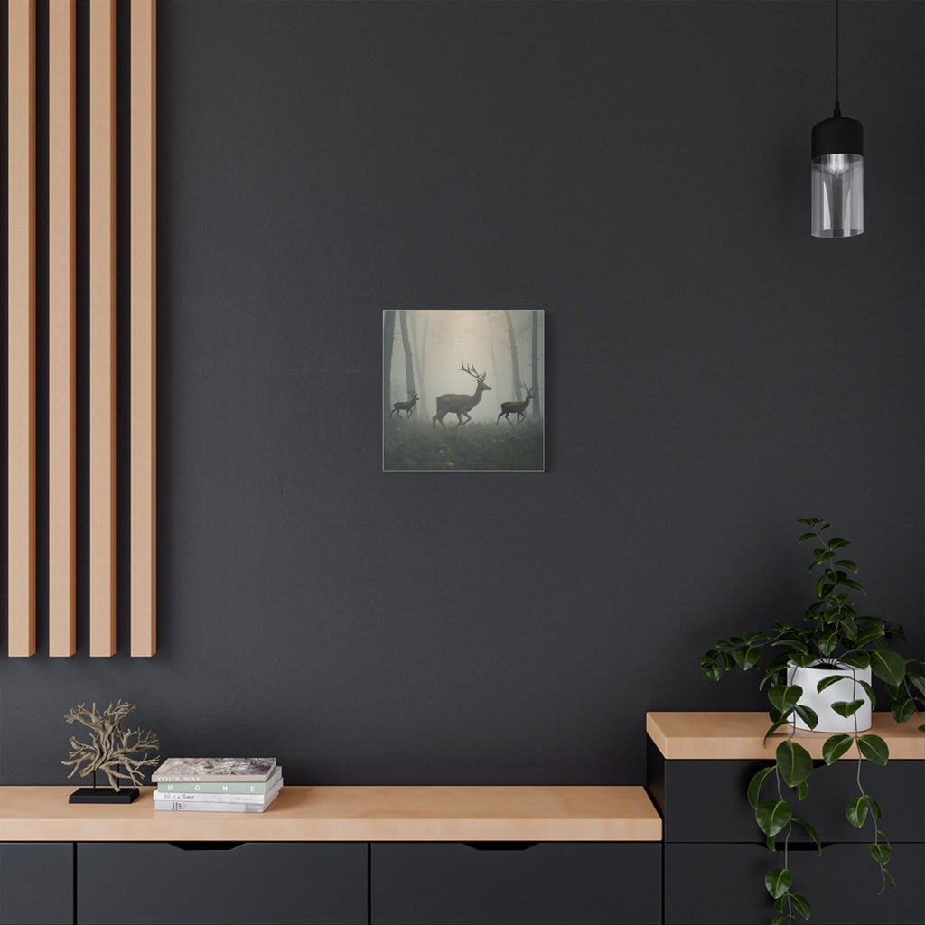 Deer Herd in Misty Forest Satin Canvas Stretched | Deer Wall Art