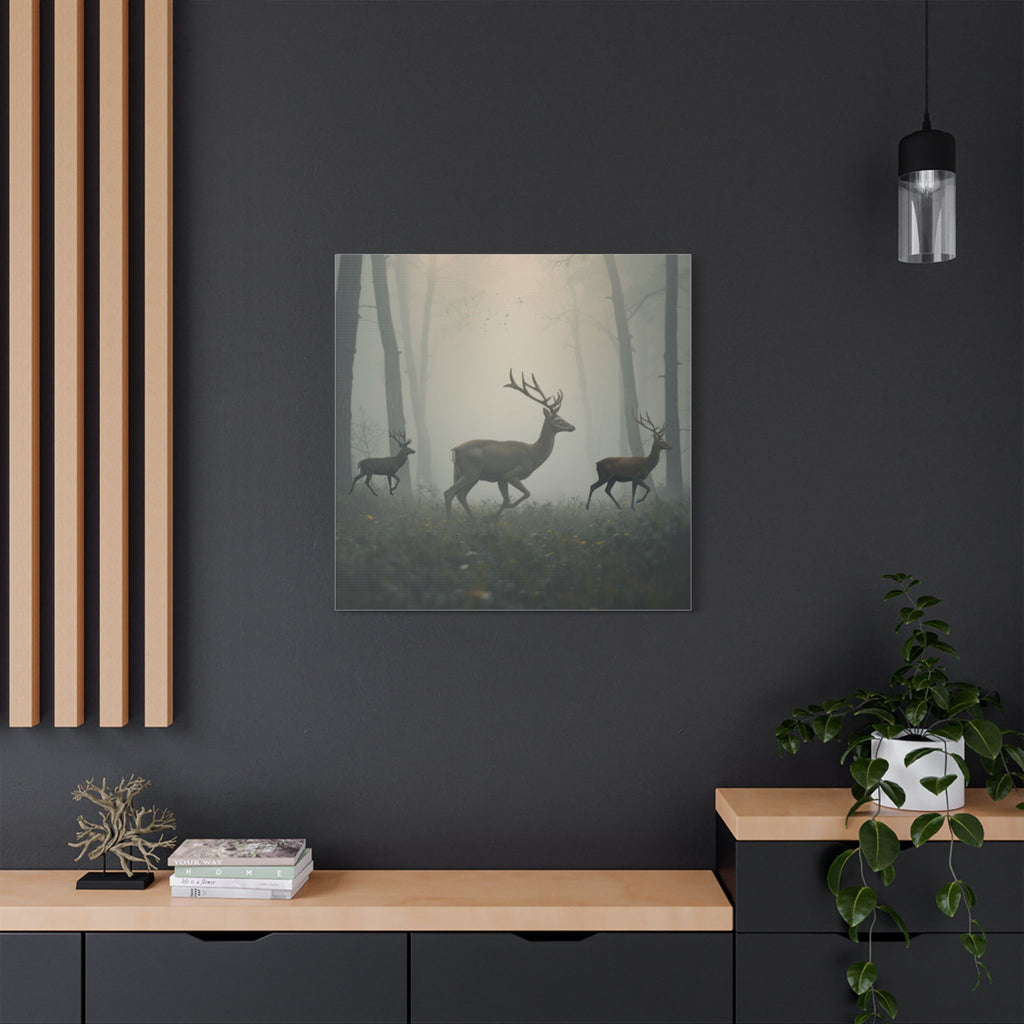 Deer Herd in Misty Forest Satin Canvas Stretched | Deer Wall Art