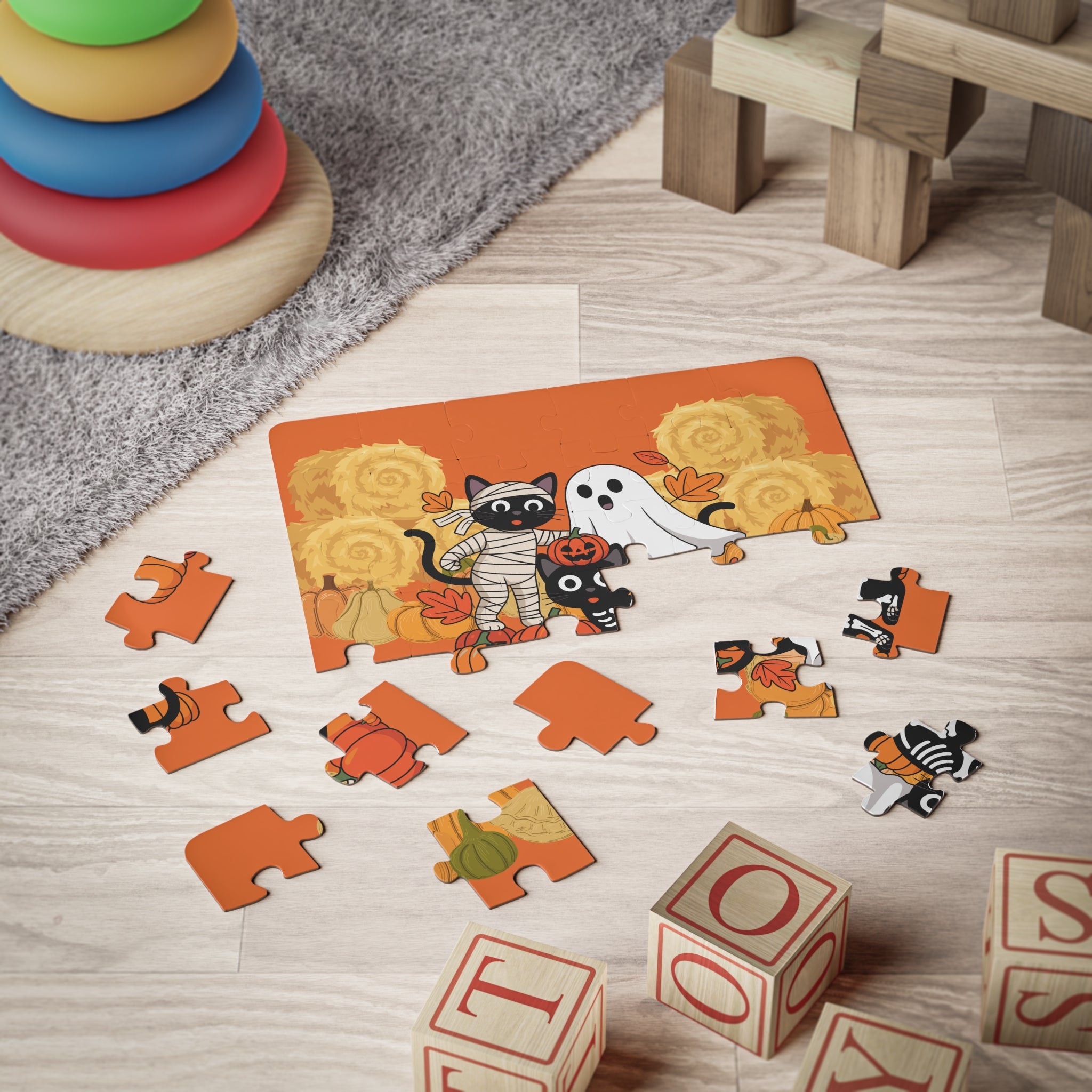 Halloween Kids' Puzzle, 30-Piece Cat and Ghost Jigsaw, Halloween Decor