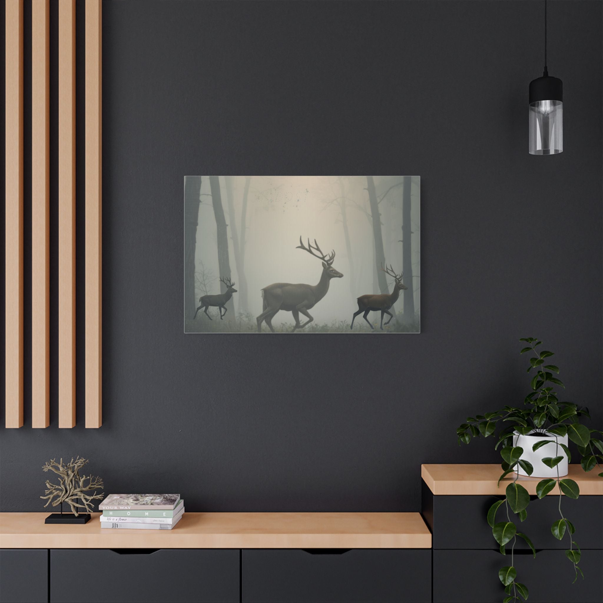 Deer Herd in Misty Forest Satin Canvas Stretched | Deer Wall Art