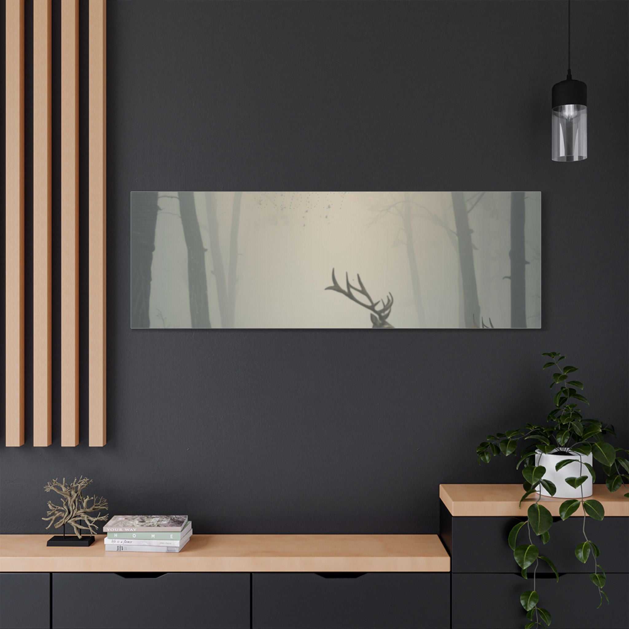 Deer Herd in Misty Forest Satin Canvas Stretched | Deer Wall Art