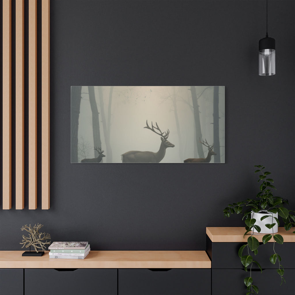 Deer Herd in Misty Forest Satin Canvas Stretched | Deer Wall Art