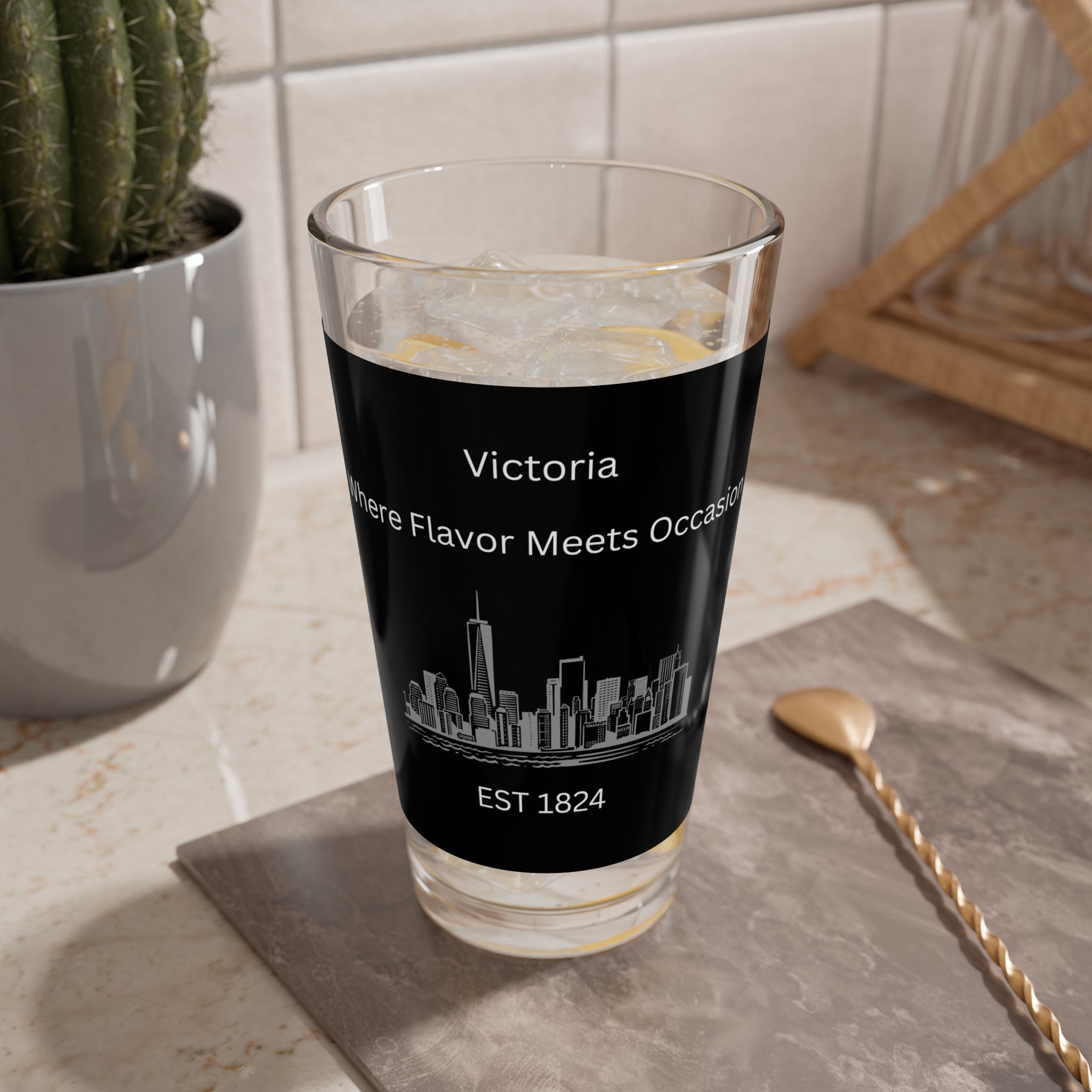 City Skyline Pint Glass, 16oz Mixing Glass with Custom Text