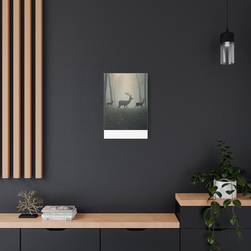 Deer Herd in Misty Forest Satin Canvas Stretched | Deer Wall Art